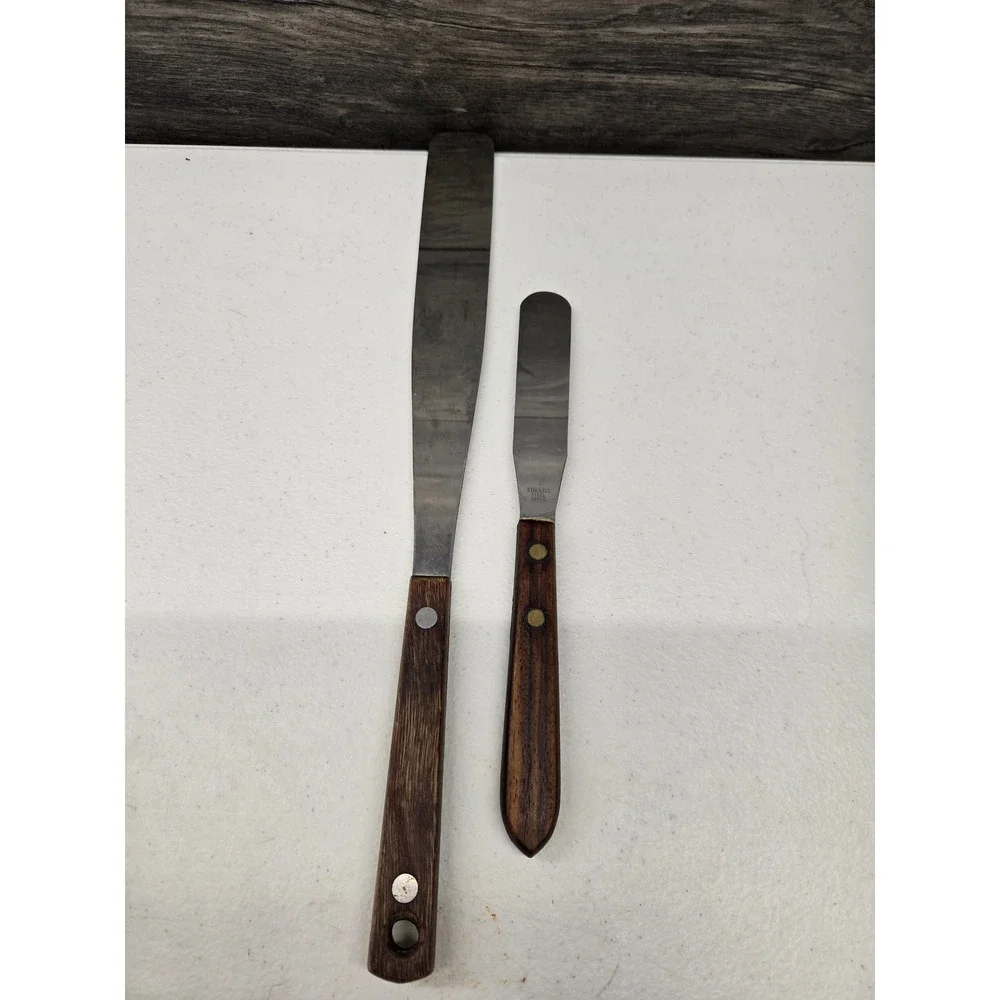 Vintage Stainless Steel Japan Wood Handle Icing Spatula Palette Knife‎ Set 2pc